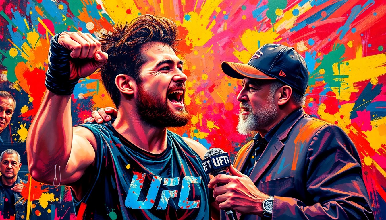 An explosive, neon-colored expressionist painting depicting the chaotic movements and energy of UFC heavyweight Josh Hokit dancing and stealing the microphone from Joe Rogan at the UFC 327 weigh-in, with Hokit's face and the UFC logo dissolving into unrecognizable splatters of color.