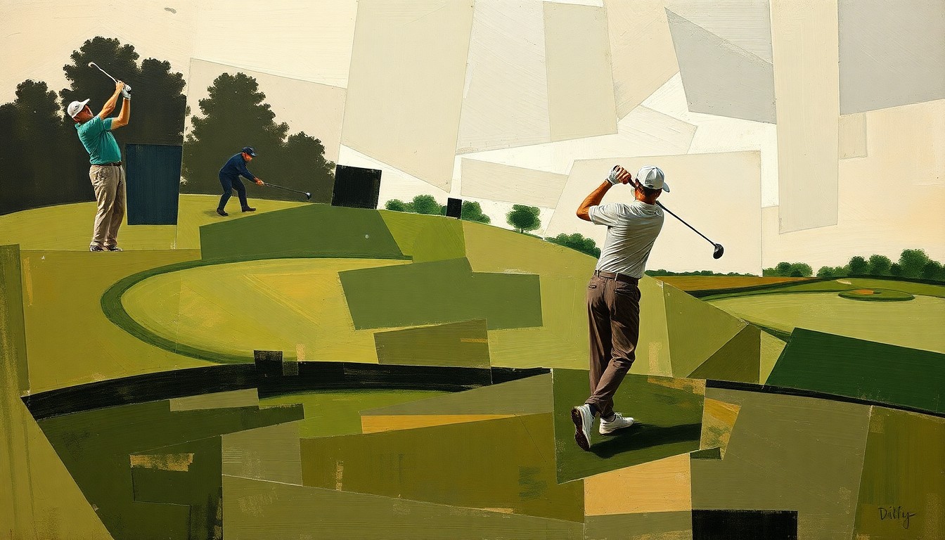 A fragmented, geometric painting depicting the angular, overlapping movements of a golfer's swing, rendered in muted earth tones that convey a sense of melancholy and disappointment.