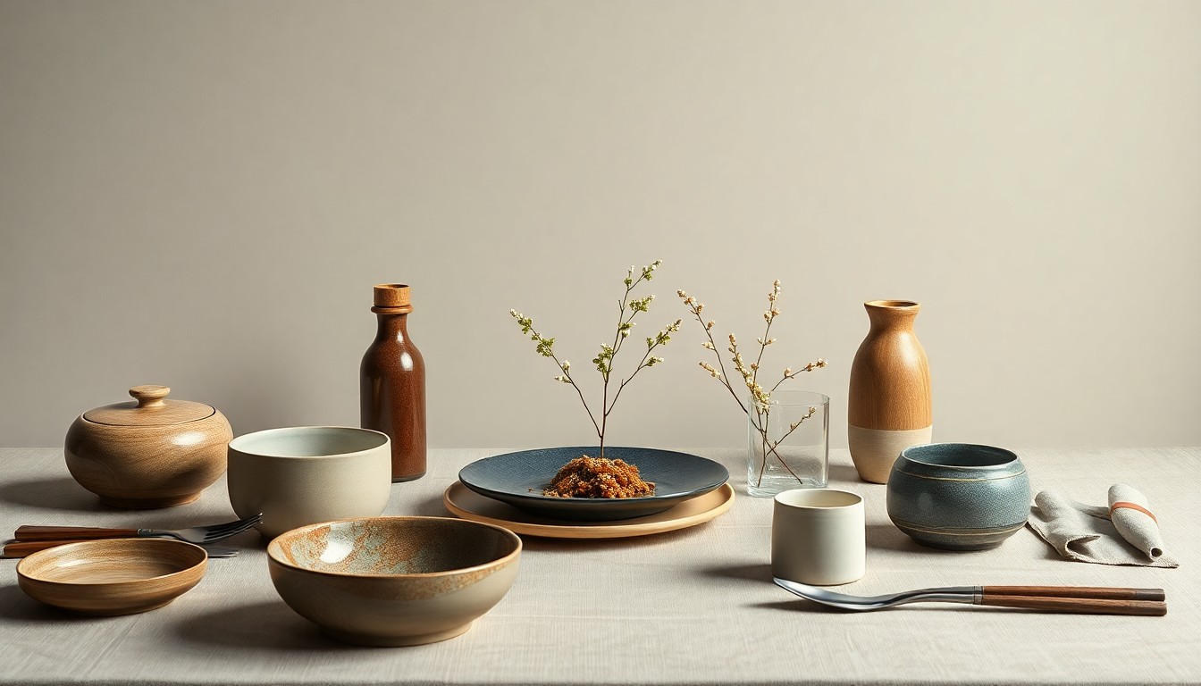A high-end, minimalist studio still life photograph featuring an elegant arrangement of premium tableware and utensils in muted earth tones, conceptually representing the refined Korean cuisine and hospitality of the now-closed Namsan Restaurant.