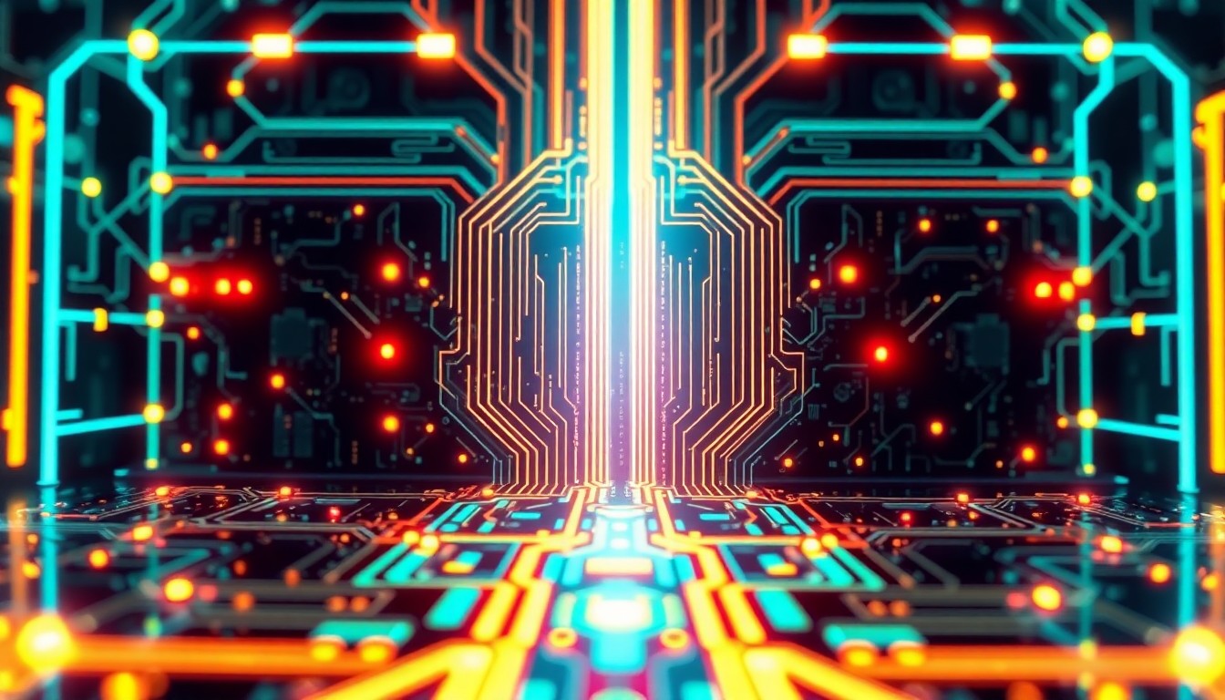 A highly detailed, glowing 3D illustration featuring futuristic digital elements like circuit boards, fiber optic cables, and neon lights, conceptually representing the intersection of technology and spirituality.