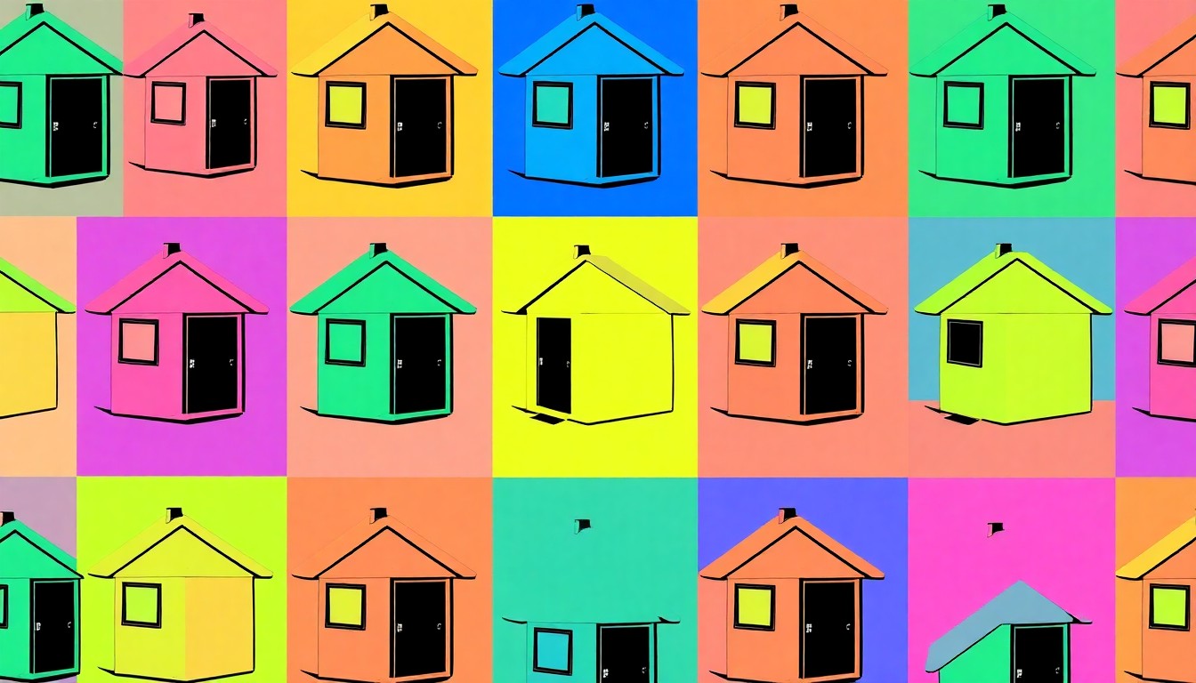 A brightly colored, high-contrast silkscreen print of a miniature house or architectural model of an accessory dwelling unit, repeated in a tight grid pattern with vibrant neon colors and heavy black outlines, conceptually representing the city's new cost-saving ADU program.