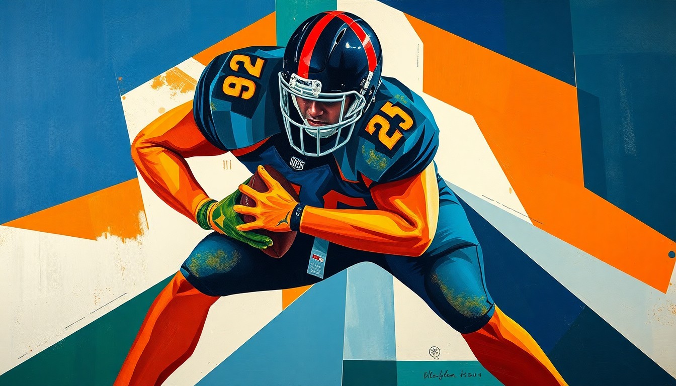 A cubist, geometric painting depicting a football player's defensive stance, with sharp, overlapping planes of navy blue, burnt orange, and forest green, capturing the raw energy and movement of the sport.