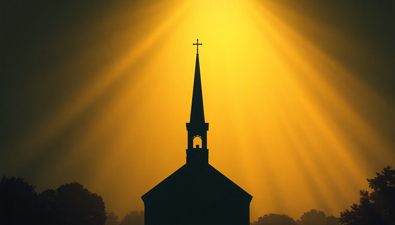 A serene, nostalgic painting of a church steeple or other religious symbol, rendered in muted tones and dramatic lighting to evoke the emotional turmoil described in the story.