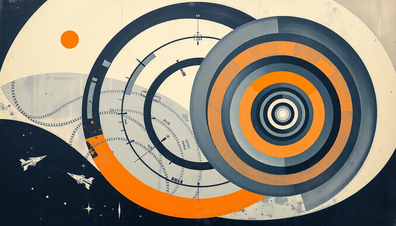 A bold, highly structured abstract painting featuring sweeping geometric arcs, concentric planetary circles, intersecting waveforms, and precise technical spirals in muted tones of blue, gray, and orange against a clean background, conceptually representing the complex systems and forces involved in the Apollo 13 rescue mission.