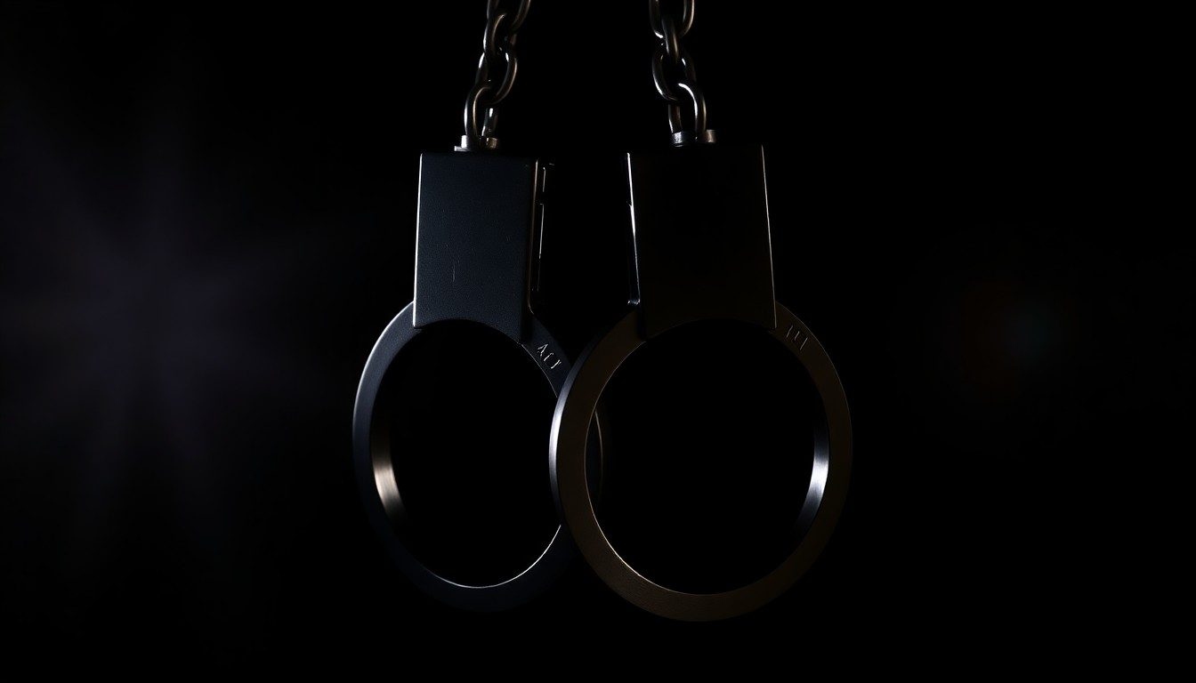 An extreme close-up photograph of a pair of handcuffs against a pitch-black background, lit by a harsh camera flash, conceptually representing the arrest and conviction of an illegal immigrant student for multiple counts of assault.