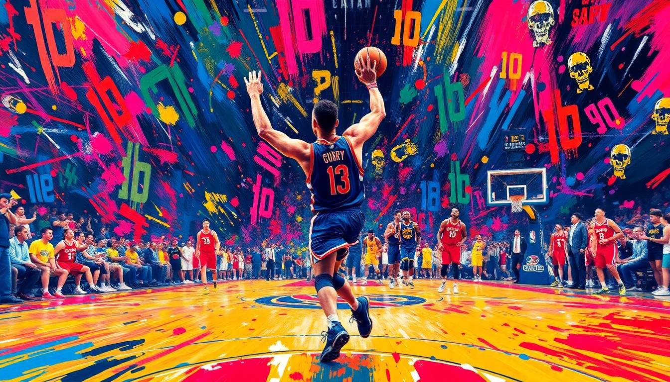 An abstract, expressionist painting in neon colors capturing the raw energy and movement of Steph Curry's pregame routine, with the court and players dissolving into vibrant brushstrokes.