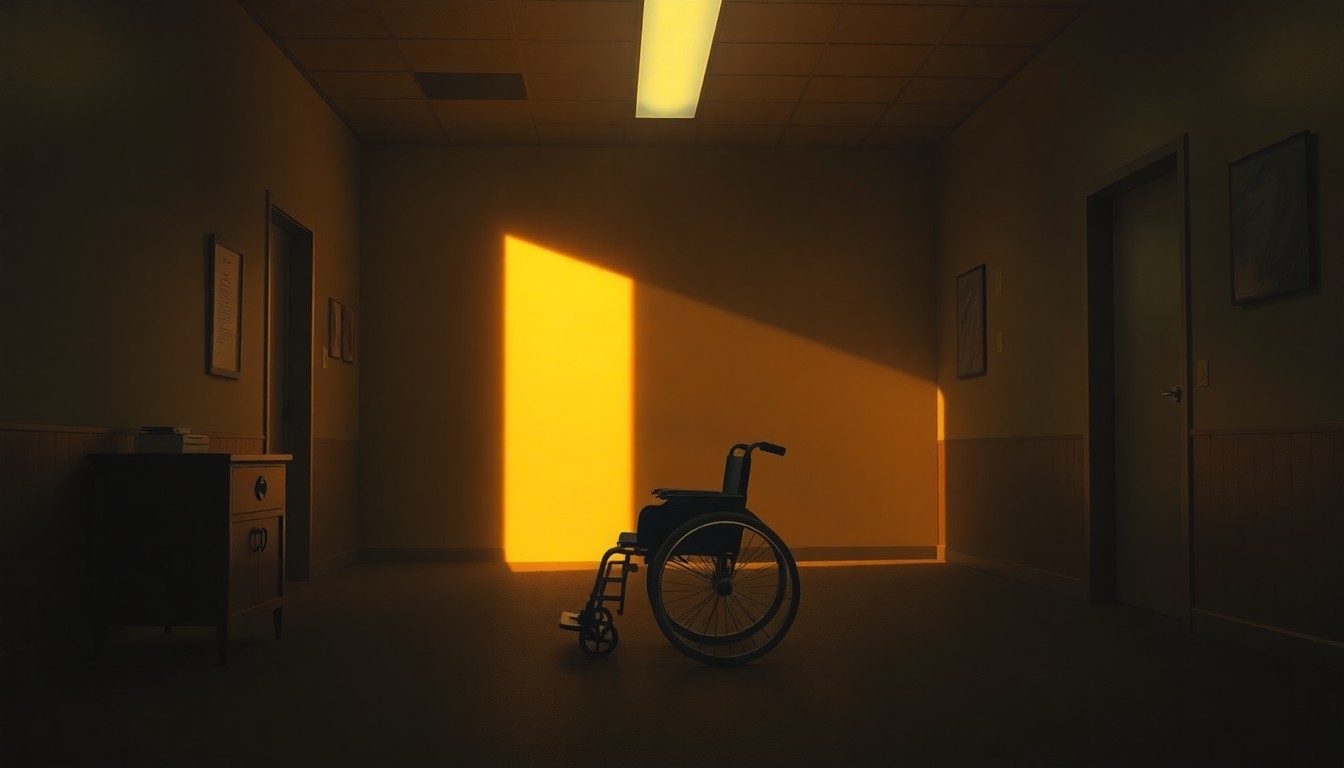 A dimly lit government office with a lone wheelchair in the center, the chair casting long shadows across the floor and walls, conveying a sense of isolation and disconnect from the real-world experiences of those relying on the Medicaid waiver program.