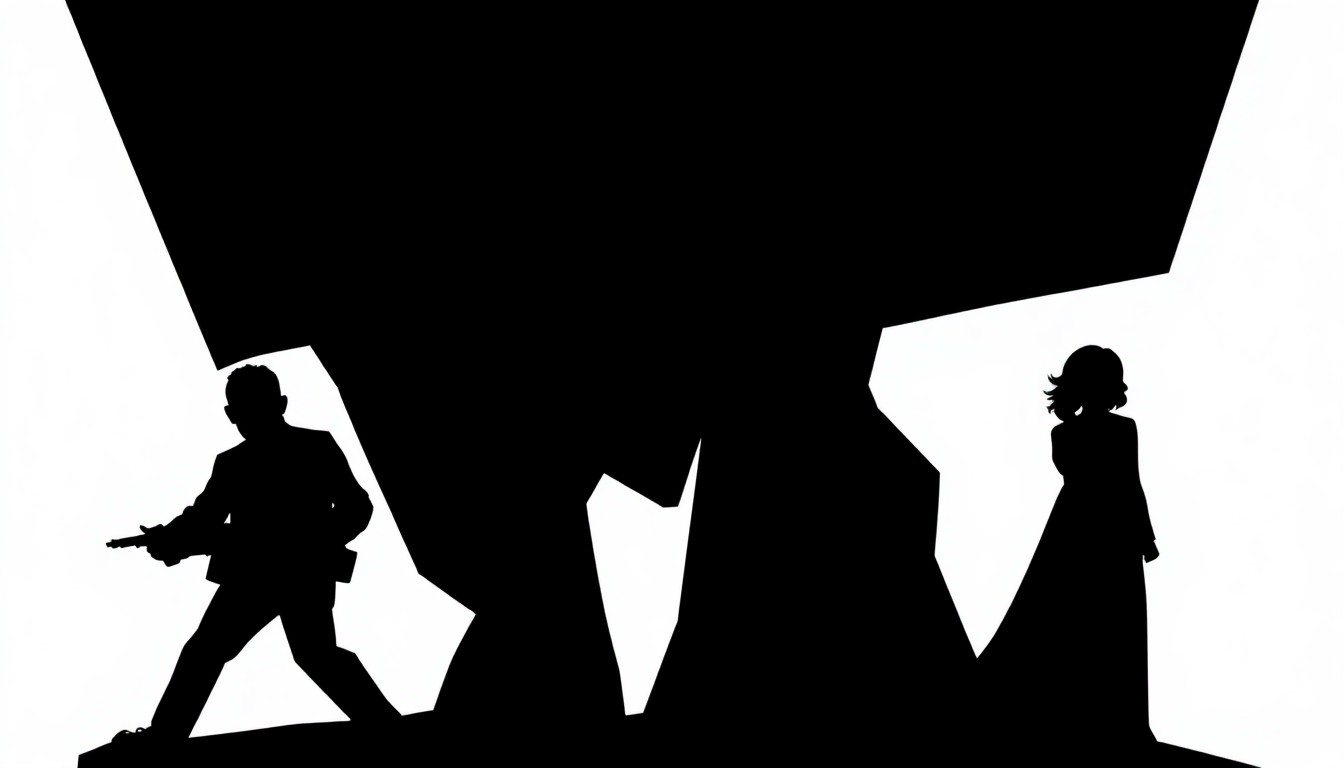 An abstract, minimalist illustration featuring sharp, jagged shapes and bold black silhouettes, conceptually representing the power struggles and gender dynamics in the film industry.