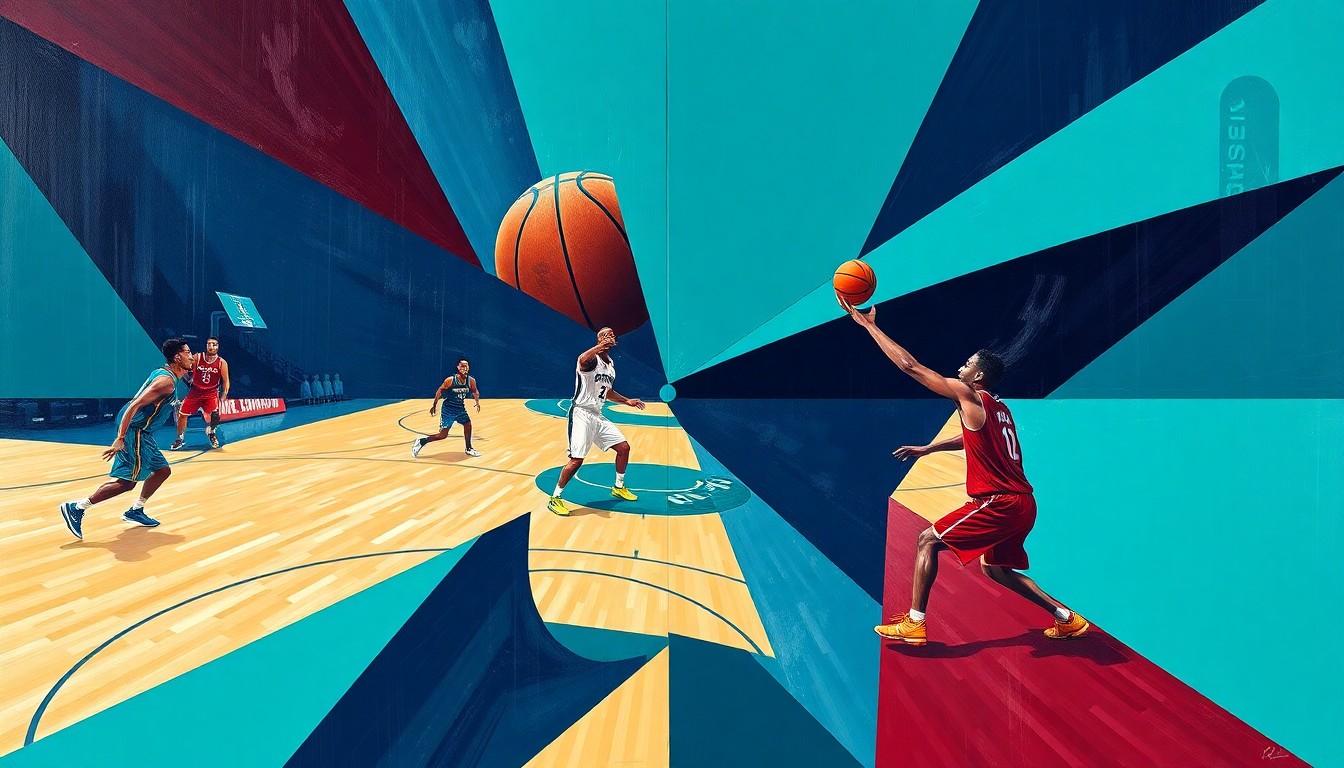 A fractured, multi-perspective painting breaking down a basketball game between two teams into sharp, overlapping geometric planes in a vibrant color palette, capturing the intense energy of the rebounding battle.