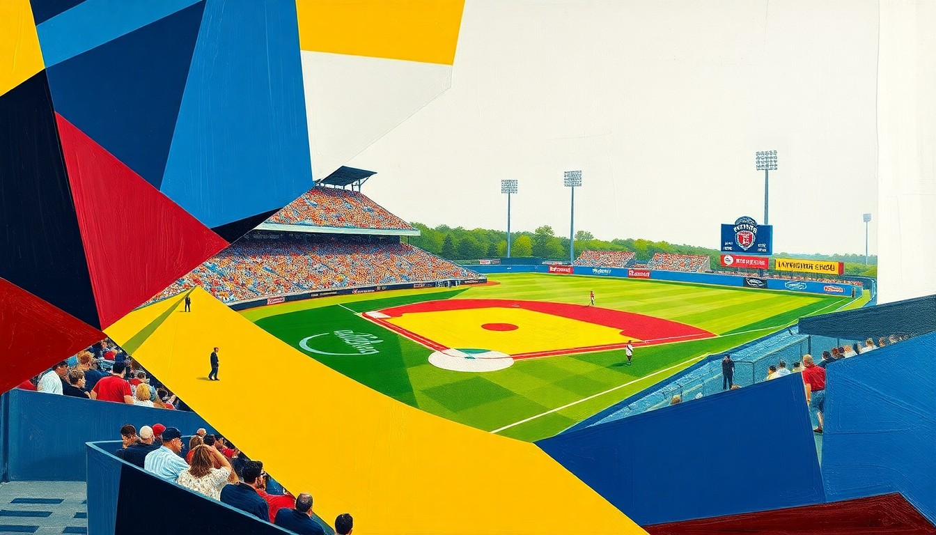 A fragmented, geometric painting in blue, gold, red, and white, depicting the dynamic movements and competing perspectives of a high school baseball game.