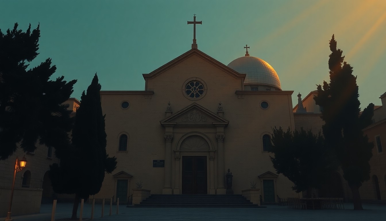 A serene, cinematic painting of the exterior of the Church of the Holy Sepulchre in Jerusalem, with warm sunlight casting long shadows across the stone facade, conveying a sense of quiet contemplation and the sacred nature of the site.