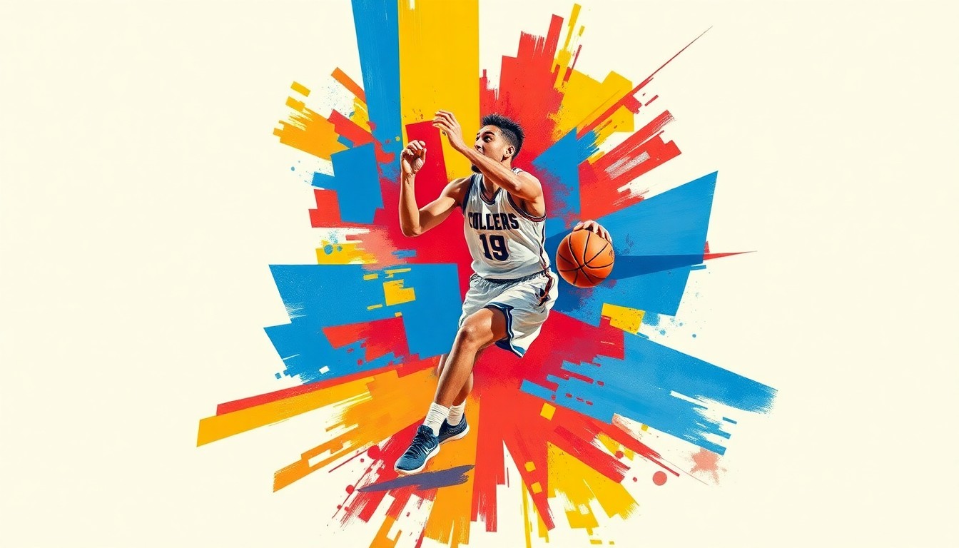 A conceptual cubist painting depicting a college basketball player's game action broken down into sharp, overlapping geometric shapes and planes of vibrant red, blue, and yellow colors.