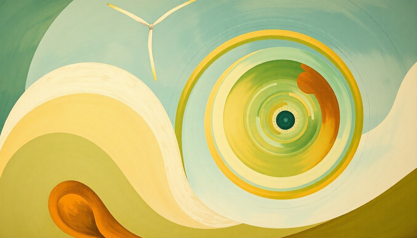 A bold, abstract painting featuring sweeping geometric arcs, concentric circles, and intersecting waveforms in shades of green, blue, and ochre, conceptually representing the complex forces and concepts of wind energy.