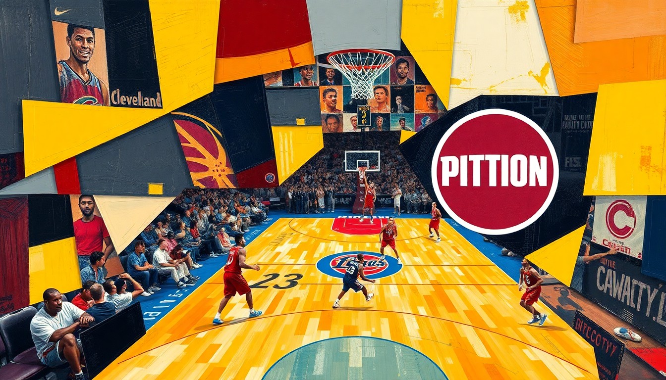 A fragmented, geometric painting depicting a basketball game between two teams, with sharp overlapping planes of color representing the players and action on the court.