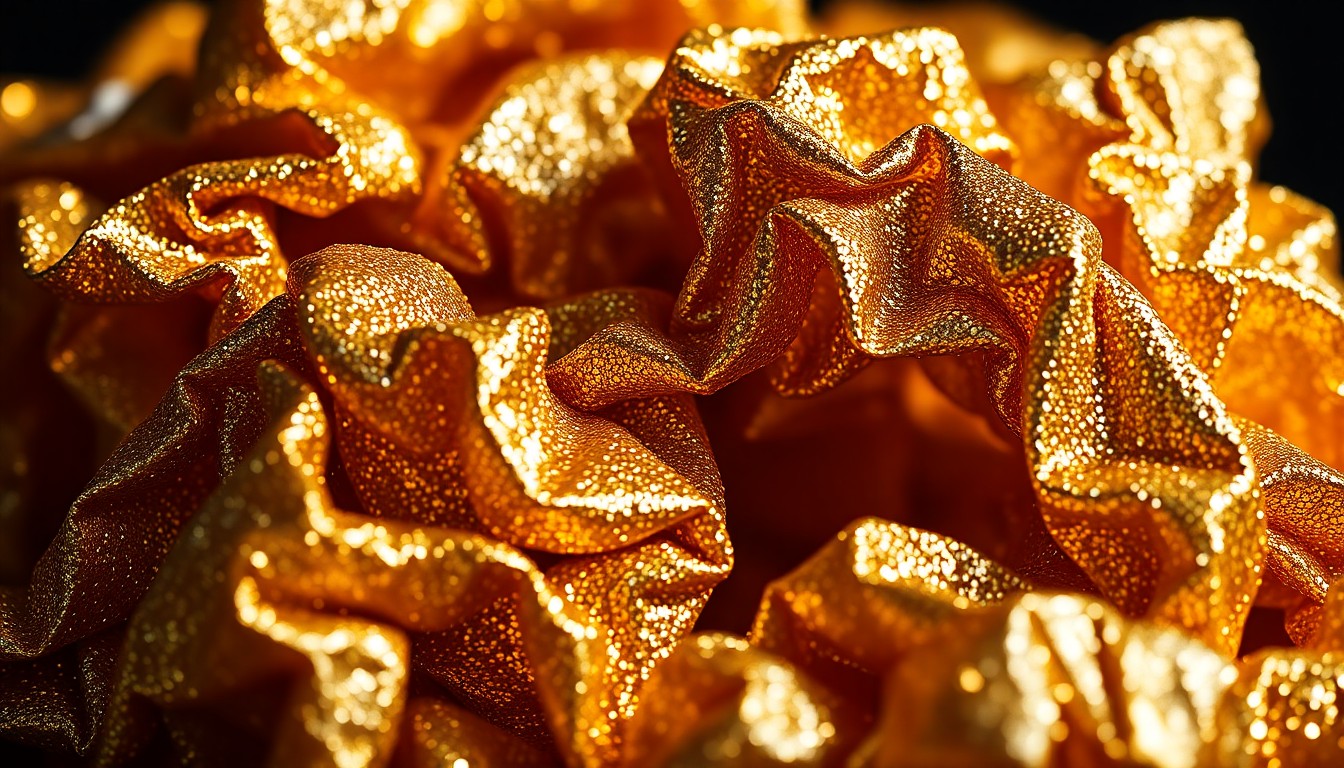 An extreme close-up photograph of crumpled, glittering gold and silver festival wristbands, capturing the luxurious textures and high-fashion aesthetic of Coachella's celebrity culture while hinting at the chaos and disappointment caused by lodging issues.