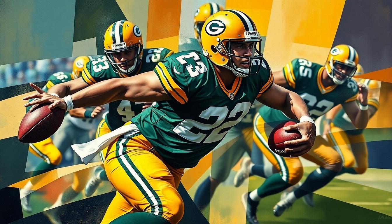 A fragmented, cubist-style painting depicting the explosive movements of a defensive end rushing the quarterback, with sharp geometric shapes in the Packers' team colors of green, gold, and navy blue.