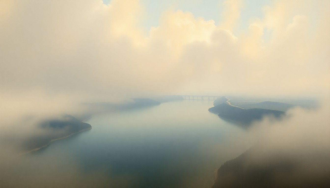 A sweeping, atmospheric landscape painting in muted tones of gray, blue, and green, with the Cheboygan Lock and Dam Complex barely visible in the distance, surrounded by a vast, fog-shrouded river and towering cliffs, conveying the overwhelming scale and power of the natural environment.