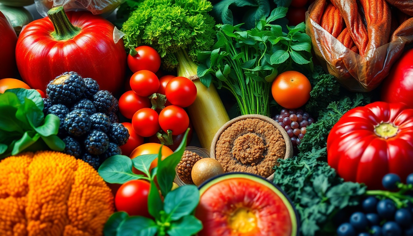 An extreme close-up of a variety of colorful, textured natural foods and products from Rainbow Grocery Cooperative, including fresh produce, herbs, and artisanal items, captured in a high-contrast, glamorous studio lighting setup that emphasizes the rich colors, patterns, and materials rather than any specific objects.