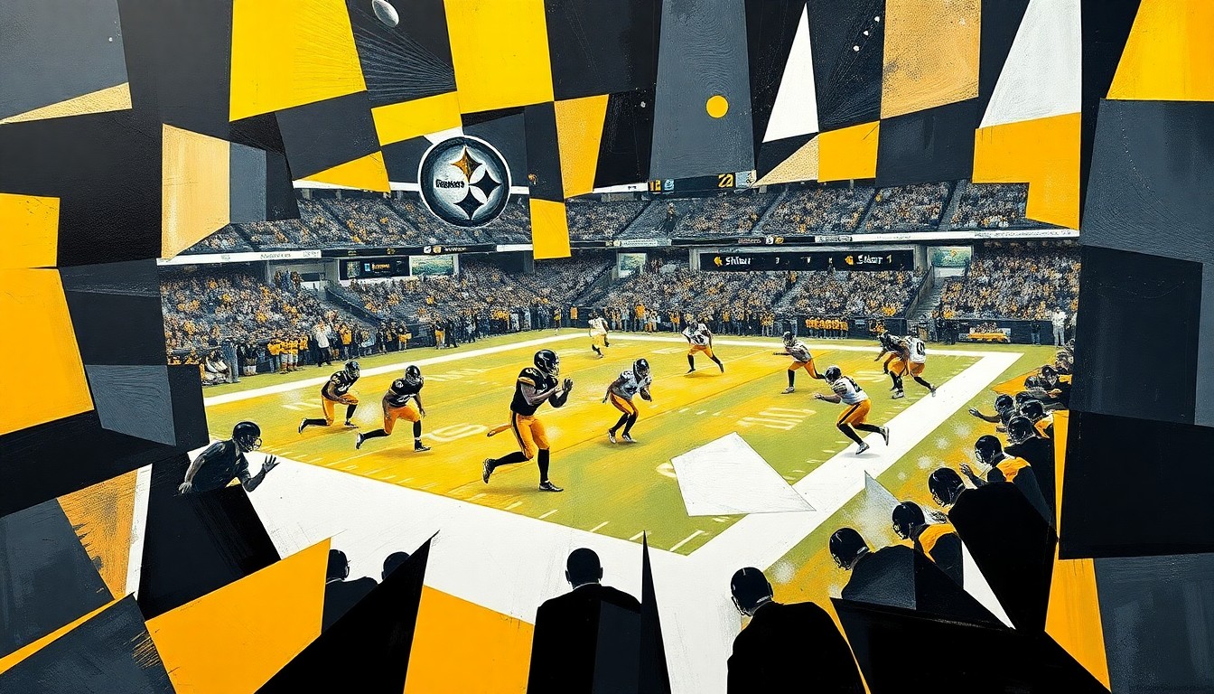 A cubist, geometric painting depicting fragmented and overlapping shapes in the Steelers' team colors of black, gold, and white, representing the transition from the Tomlin era to the McCarthy era in Pittsburgh.