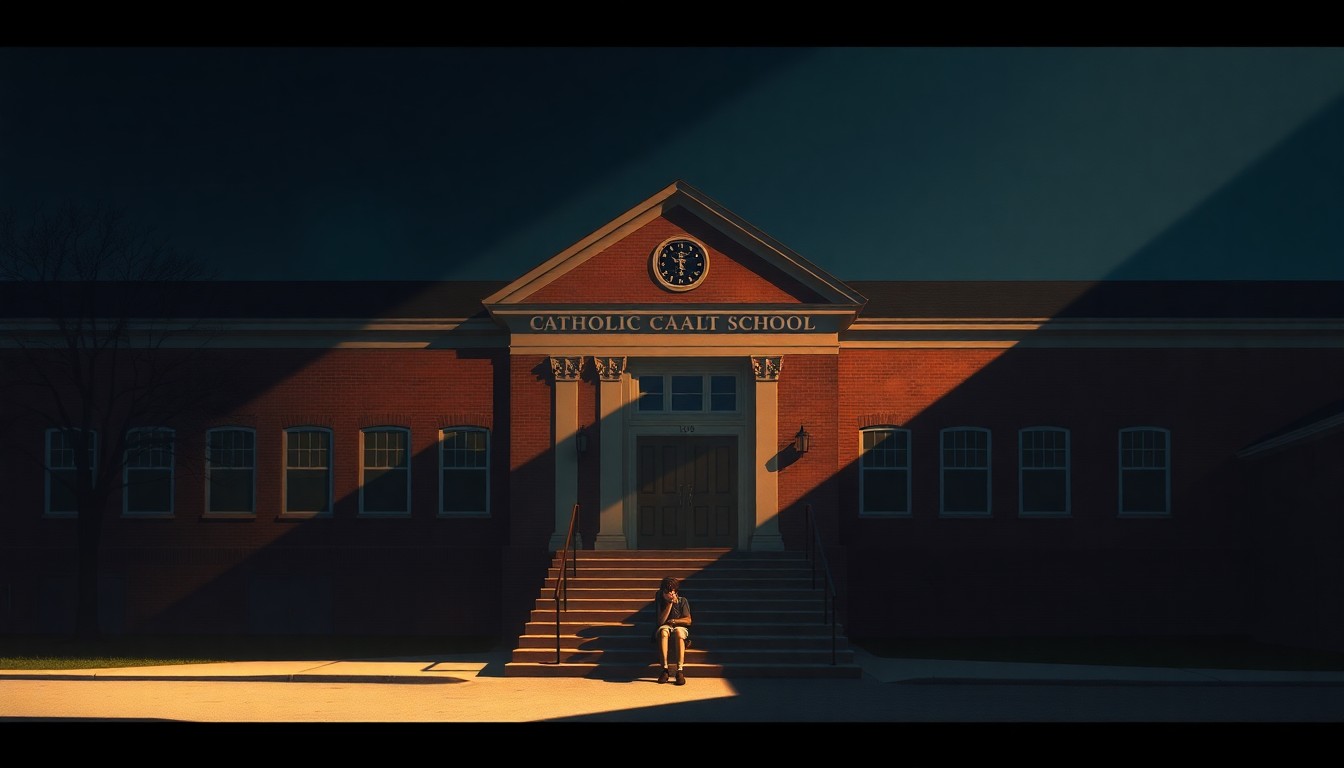 A serene, cinematic painting of a Catholic school building in warm, golden light, with a lone student sitting on the steps, conveying a sense of quiet contemplation and the challenges facing private schools reliant on public funding.