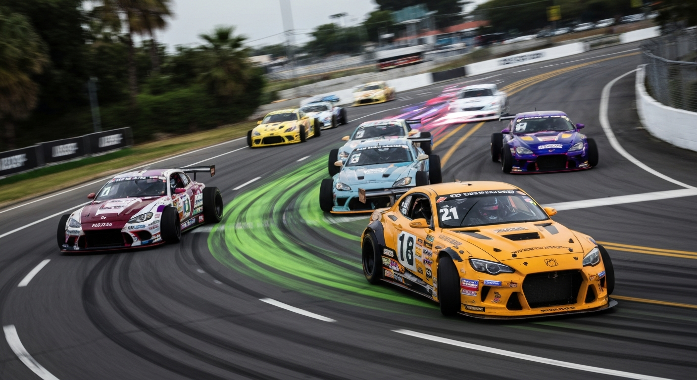 A blurred, abstract image of Formula Drift race cars drifting through the streets of Long Beach, conveying the intense speed and motion of the event through vibrant streaks of color.