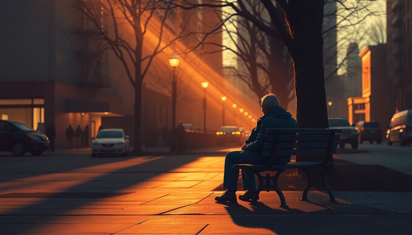 A serene, cinematic painting depicting a solitary figure sitting on a park bench in a New York City street scene, with warm sunlight and deep shadows creating a pensive, reflective mood.