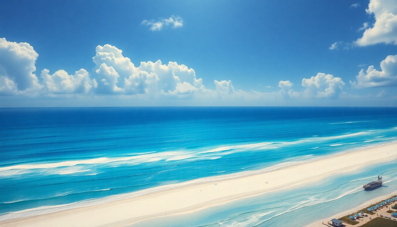 A sweeping, atmospheric landscape painting depicting the sun-drenched beaches and sparkling blue waters of Daytona Beach, Florida, with the city's iconic pier and hotels faintly visible in the distance, dwarfed by the overwhelming scale of the natural environment.