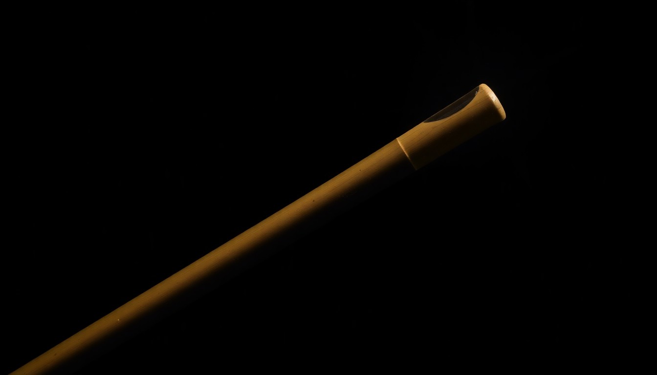 An extreme close-up photograph of a wooden cane against a pitch-black background, lit by a harsh, direct camera flash, conceptually representing the use of a cane as a weapon in an alleged assault on an elderly victim.