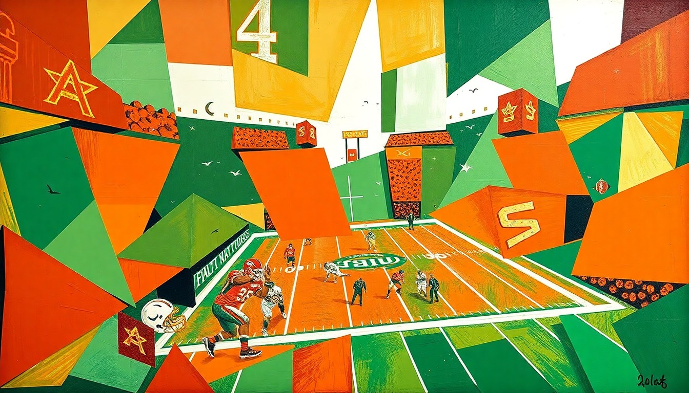 A cubist, geometric painting featuring overlapping planes of orange, green, and gold, conceptually representing the fragmented state of FAMU's football program due to NCAA academic sanctions.