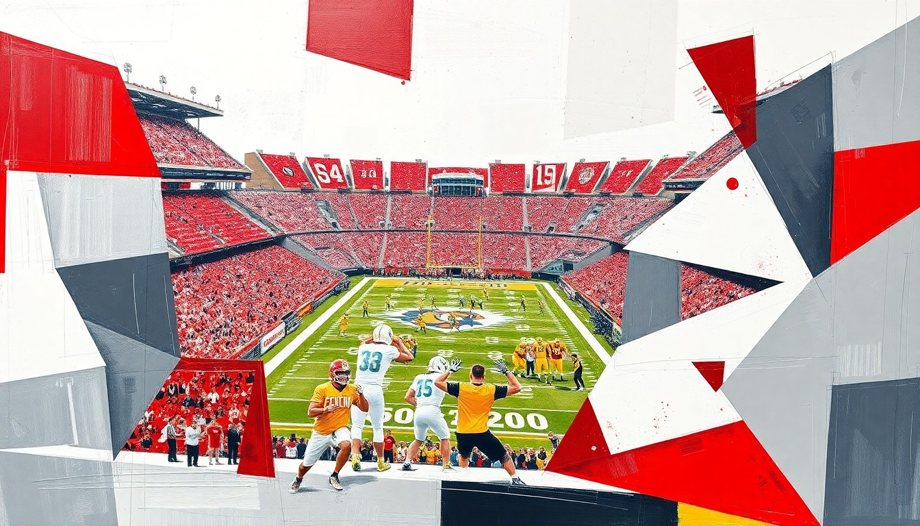 A cubist, geometric painting featuring overlapping planes of crimson, gray, and white, conceptually representing the energy and action of a college football game.