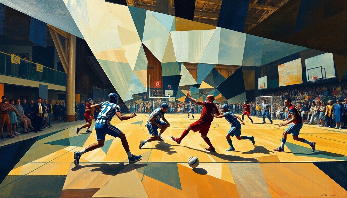 A fractured, cubist-style painting depicting the dynamic movements and energy of an indoor football game, with players and the field broken down into sharp, overlapping geometric shapes and planes.