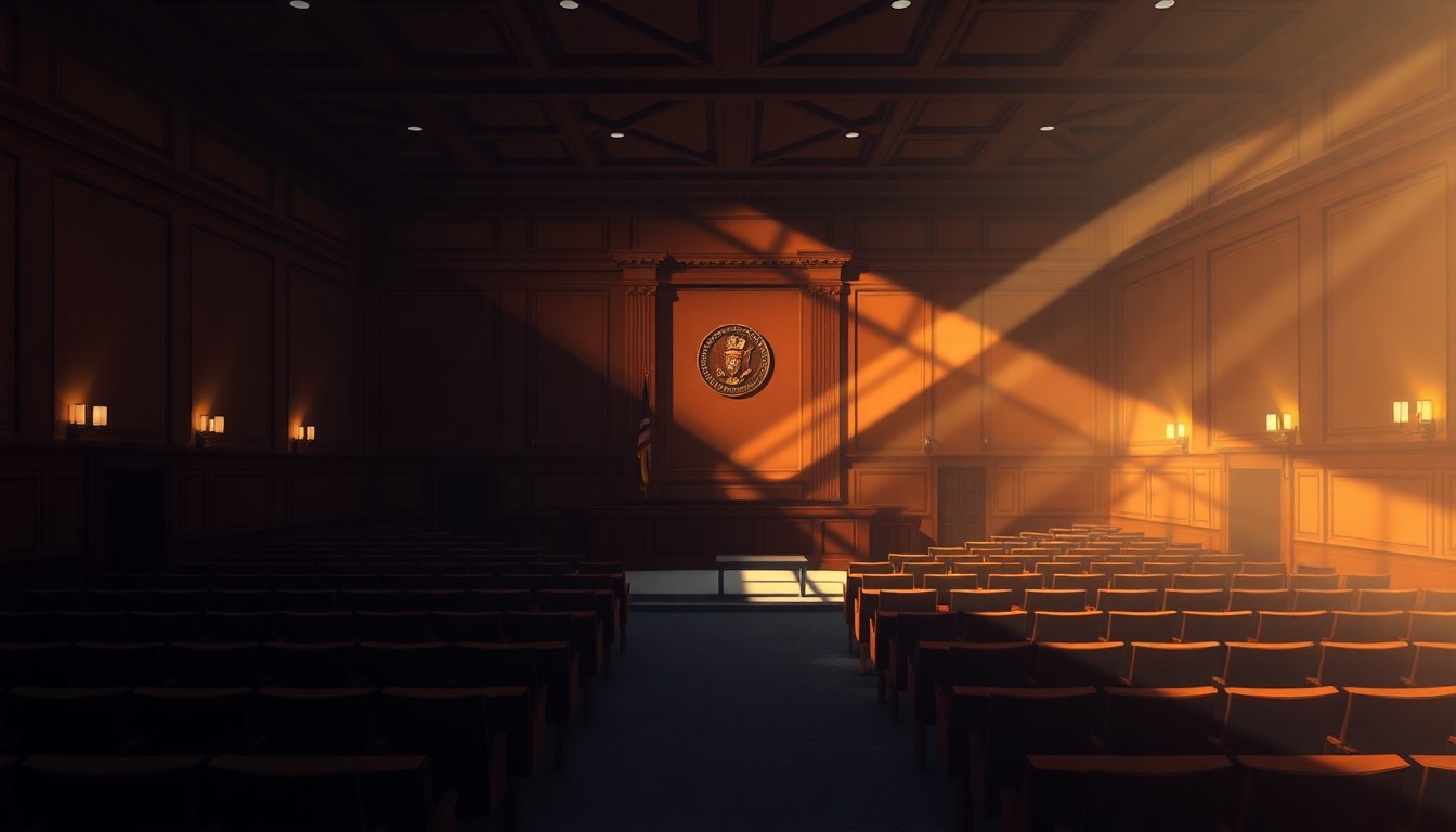 A dimly lit, cinematic painting of an empty city council chamber, with warm sunlight streaming through the windows and deep shadows cast across the desks and chairs, conveying a sense of the weighty responsibility of municipal governance.