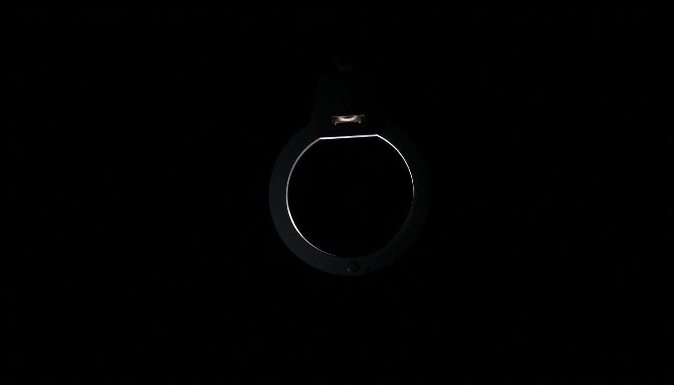 An extreme close-up photograph of a single police-issued handcuff, lit by a harsh, direct camera flash against a pitch-black background, conceptually illustrating the tense and volatile nature of responding to reports of armed individuals.