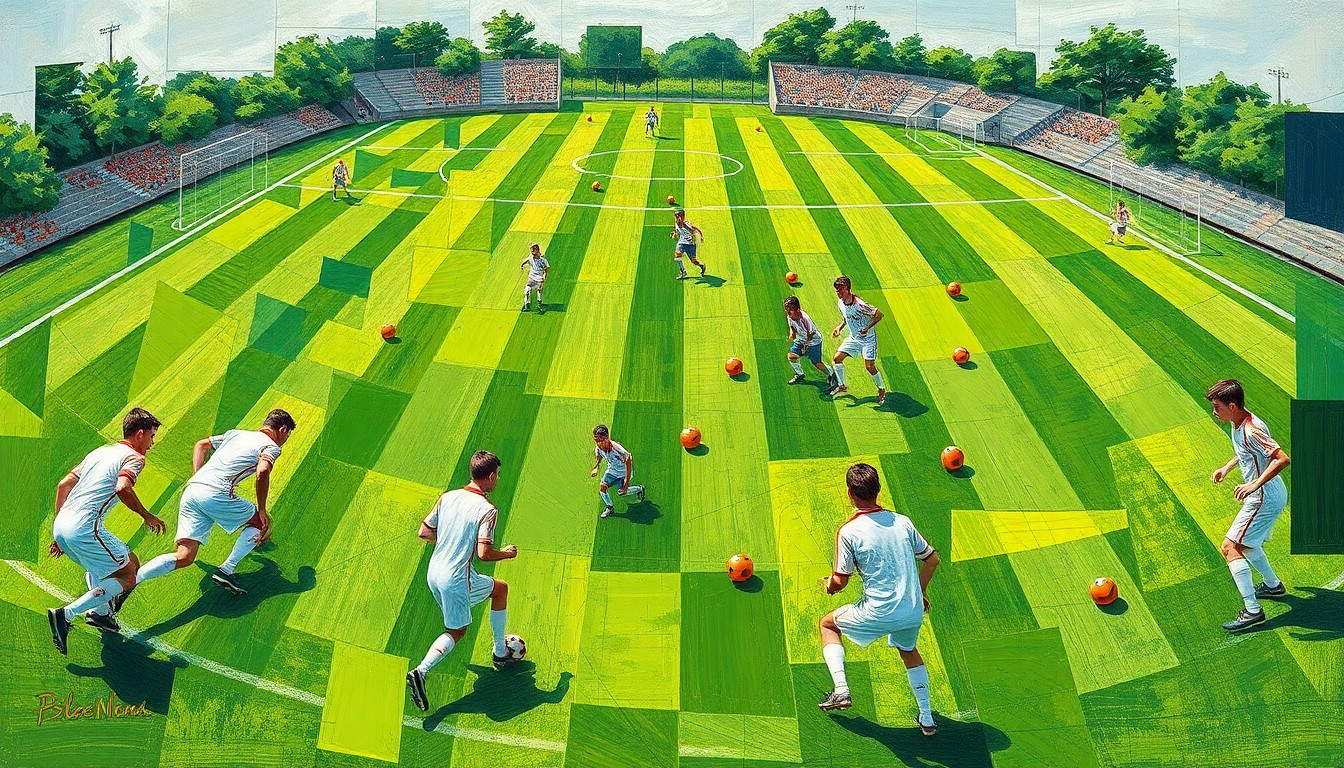 A fragmented, geometric painting depicting the dynamic movements and competing perspectives of a high school soccer game, with overlapping planes of green, white, and orange.