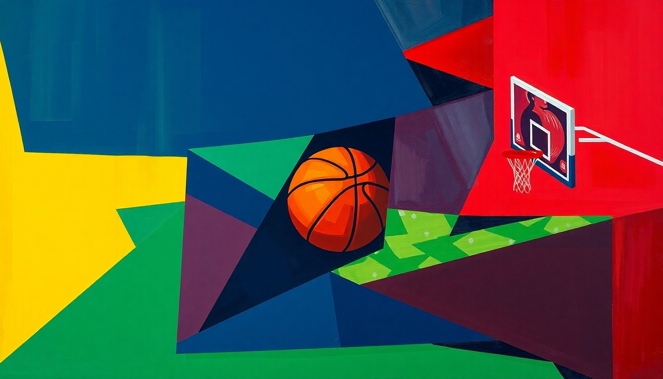 A fragmented, abstract painting featuring sharp, overlapping planes of navy blue, emerald green, and crimson red, conveying the fast-paced action and strategic nuance of a professional women's basketball game.