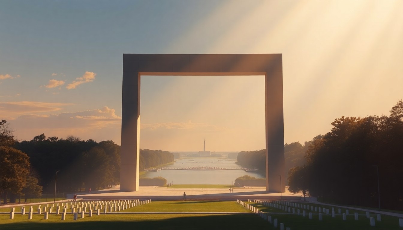 A serene, cinematic painting depicting the proposed 250-foot ceremonial arch monument overlooking the Potomac River, with the surrounding memorials and landscapes bathed in warm, golden light and deep shadows, conveying a sense of contemplation and the weight of the monument's presence.