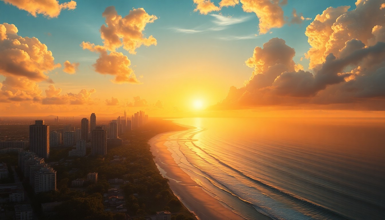 A sweeping, atmospheric landscape painting depicting the West Palm Beach skyline and coastline bathed in warm, golden light as the sun sets over the Atlantic Ocean, conveying the sublime scale and power of the natural world.
