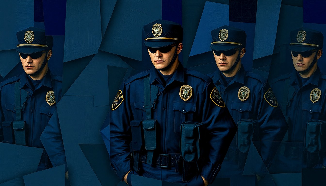 A fragmented, abstract painting of a Chicago police officer's uniform and gear, with overlapping geometric shapes and brushstrokes in shades of blue, gray, and green, conveying a sense of tension and division around the issue of gun control.