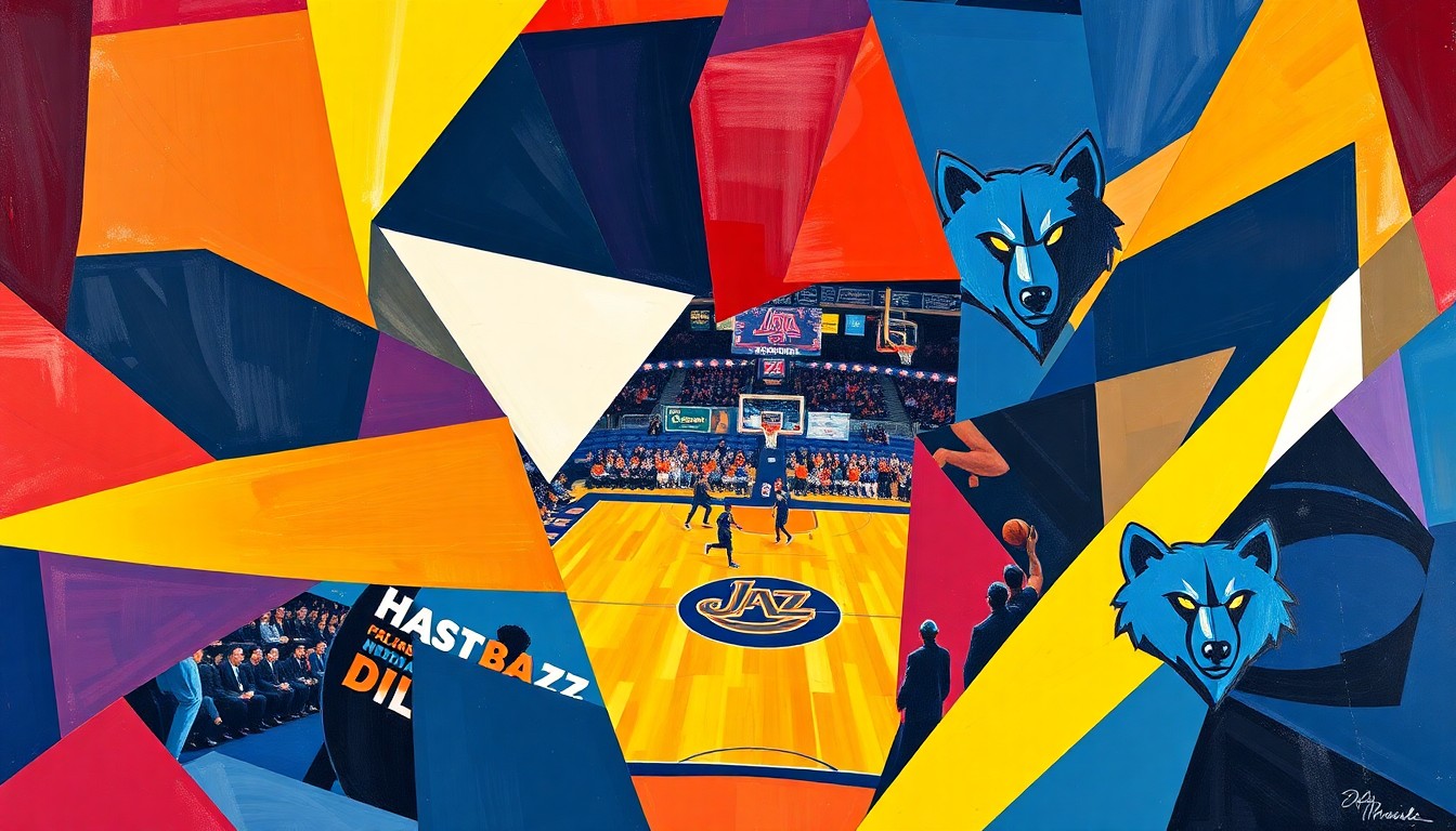 A fractured, multi-perspective painting depicting a basketball game between the Utah Jazz and Memphis Grizzlies, broken down into sharp, overlapping geometric shapes and planes in vibrant team colors, capturing the energy and tension of the contest.