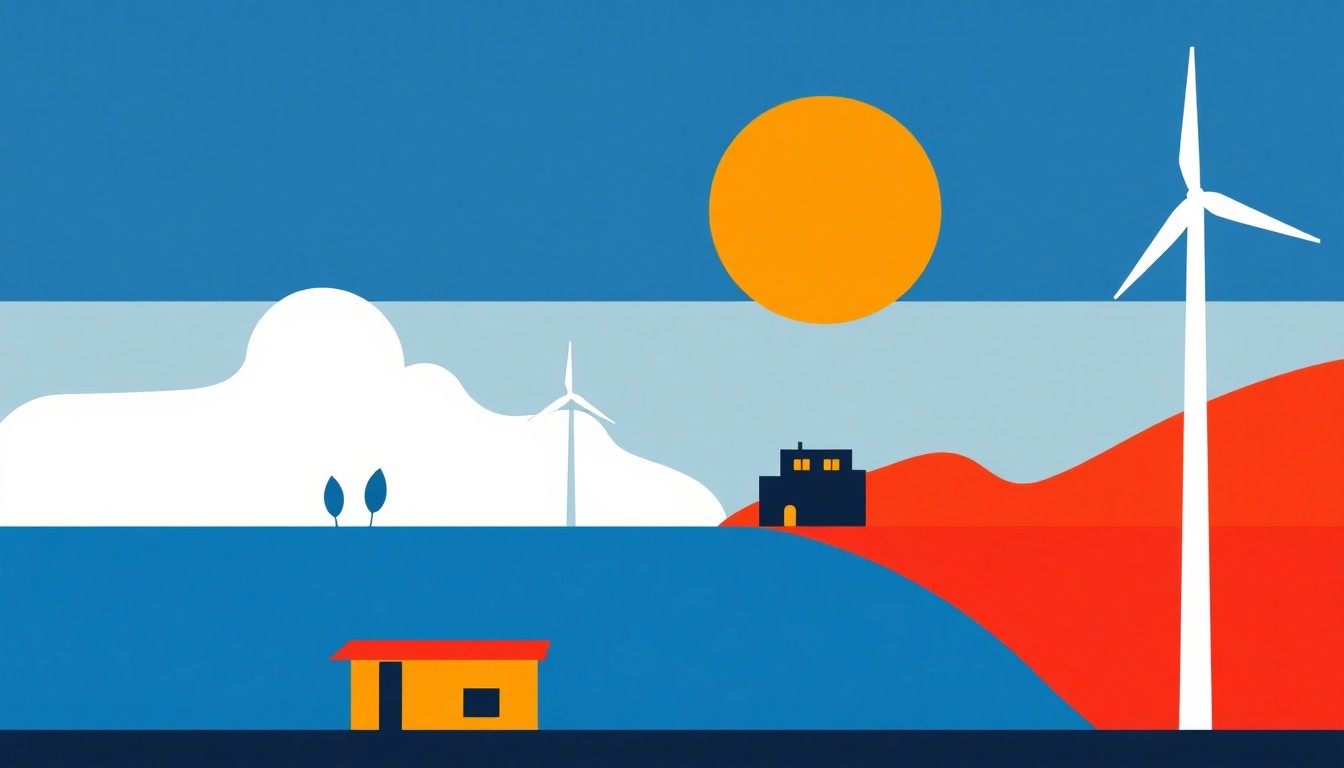 A minimalist abstract illustration composed of bold geometric shapes and primary colors, representing the competing energy sources and trends in Utah's electricity generation.