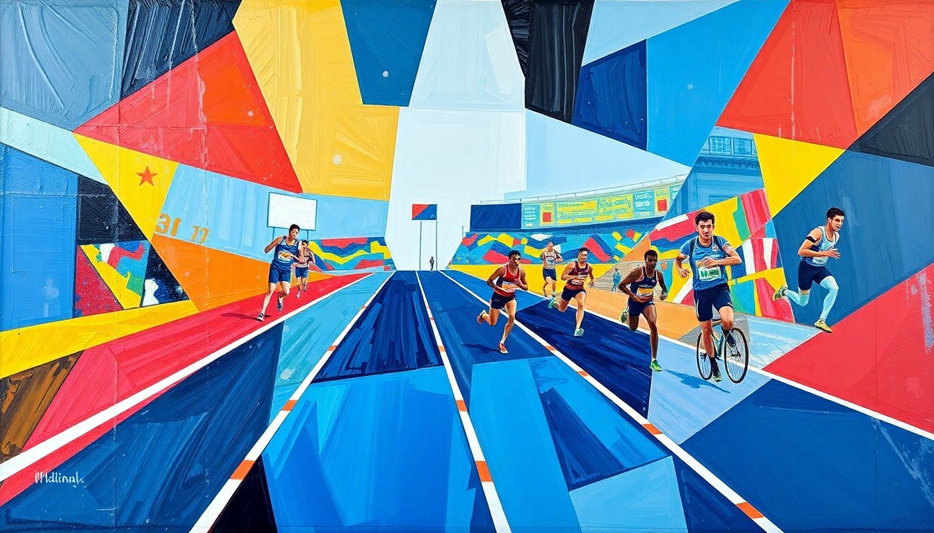 A fractured, cubist-style painting depicting a track and field competition, with sharp geometric shapes and planes in a vibrant color palette, conceptually representing the mental and spiritual transformation that has driven McLaughlin-Levrone's athletic triumphs.