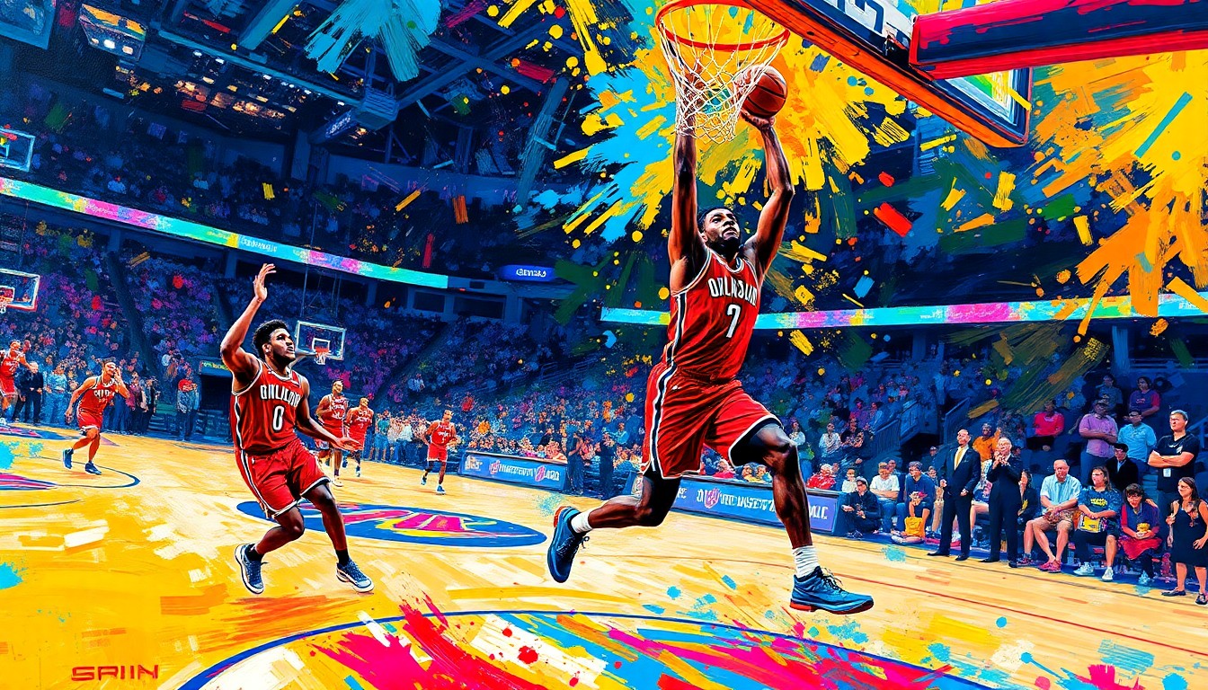 An abstract, expressionist painting in vibrant neon colors capturing the explosive energy and scoring prowess of Shai Gilgeous-Alexander as he drives to the hoop, the basketball court and players dissolving into unrecognizable splatters of paint.