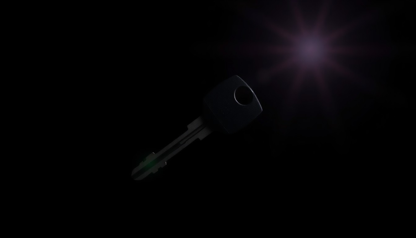 An extreme close-up photograph of a boat key against a pitch-black background, lit by a harsh, direct camera flash, conceptually representing the lost keys that stopped the engine during the incident.