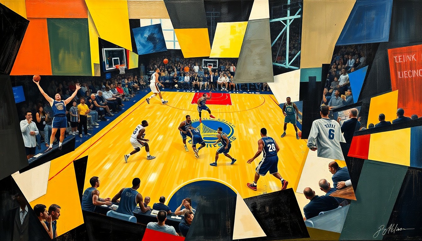 A cubist, multi-perspective painting depicting the dynamic action of a basketball game between the Golden State Warriors and Sacramento Kings, with the players' movements and the energy of the contest represented through an abstract, geometric composition.