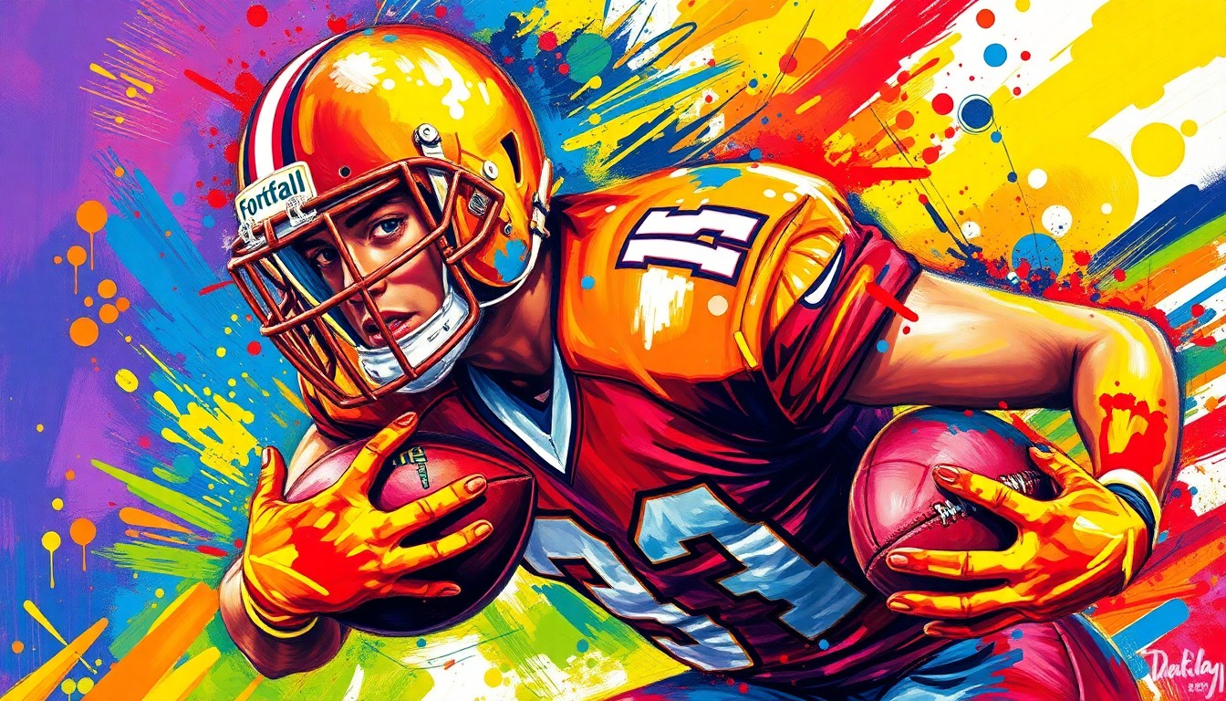 An extreme close-up of a football player's body in motion, with vibrant neon brushstrokes capturing the raw energy and intensity of the sport, conceptually representing the tragic loss of a promising young athlete.