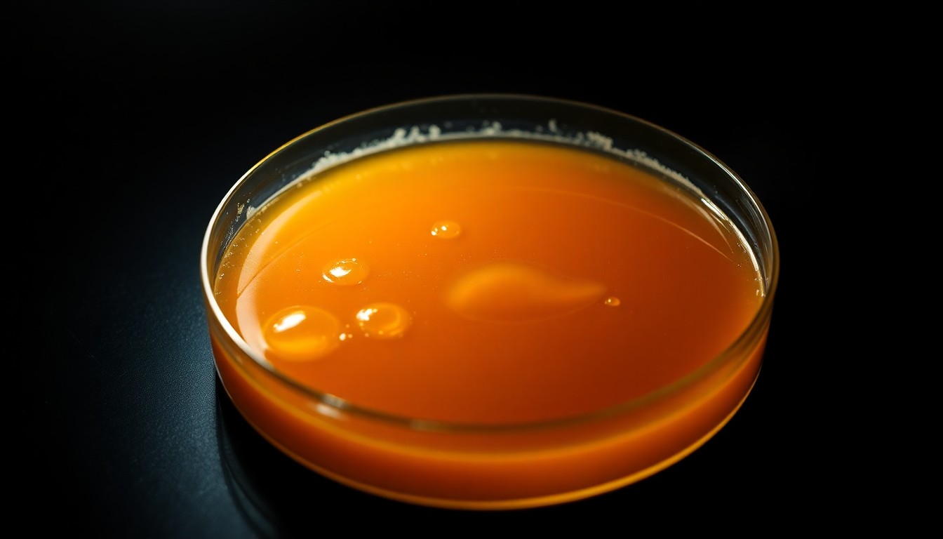 An extreme close-up of a petri dish filled with a viscous, amber-colored liquid, creating a stark, gritty, investigative aesthetic through the use of harsh, direct flash lighting against a pitch-black background.
