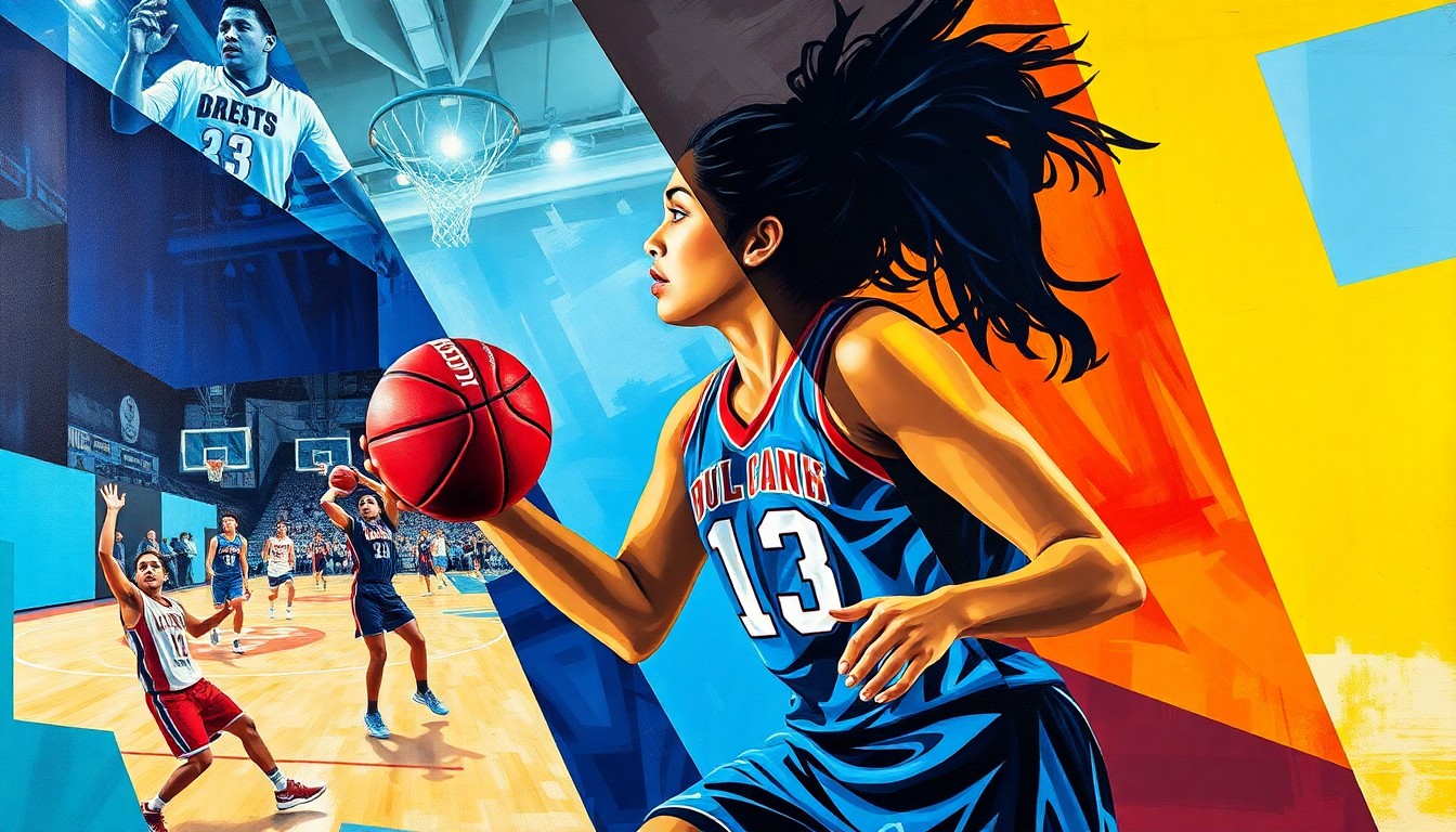 A fractured, multi-perspective painting depicting a high school basketball game, with the key players and action broken down into sharp, overlapping geometric shapes and vibrant colors. The central focus is on the athletic movements and scoring prowess of Amalia Holguin, the star player for Sage Hill.