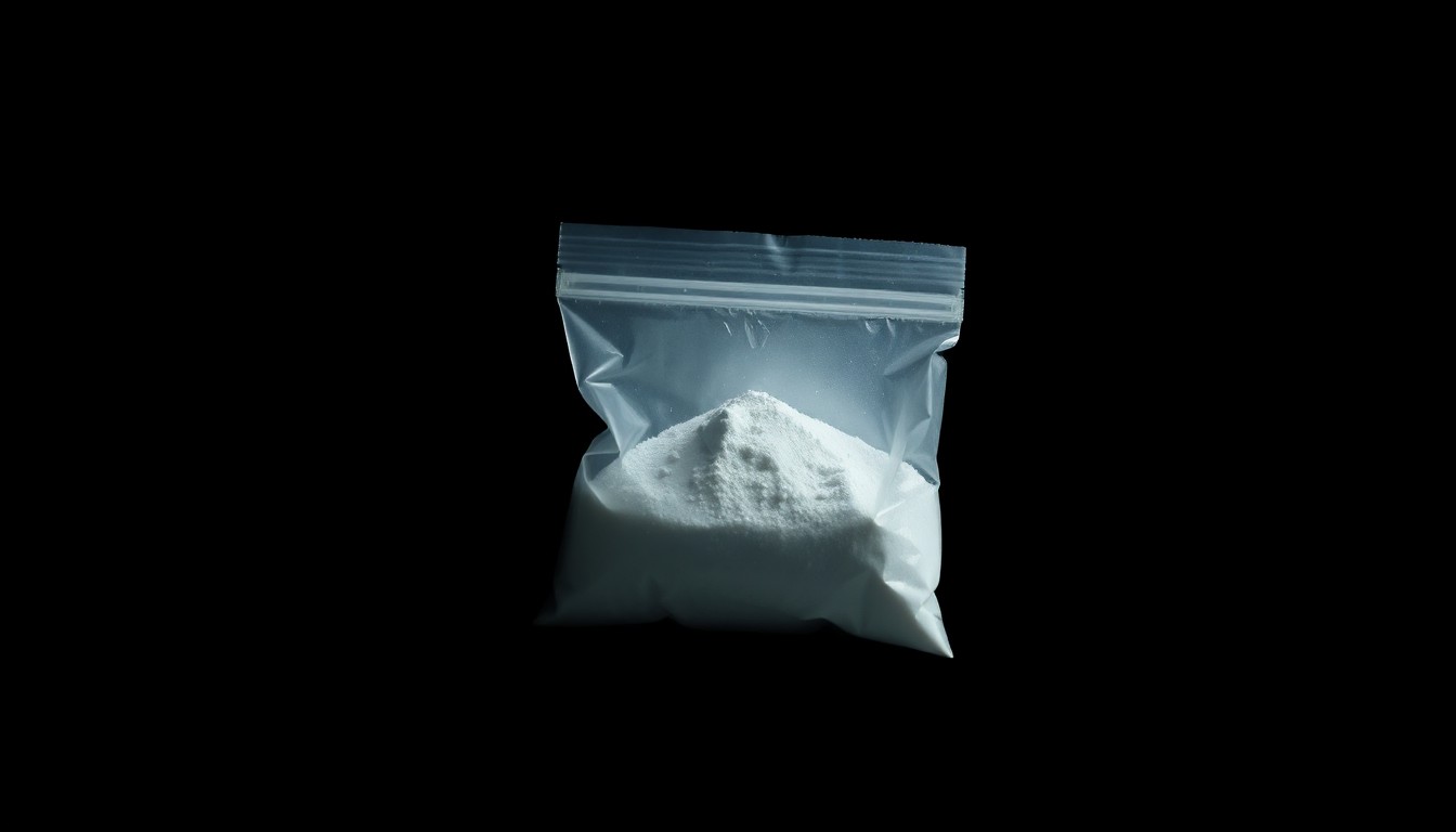 An extreme close-up photograph of a small plastic bag containing white powder, lit by a harsh, direct camera flash against a pitch-black background, conceptually representing the evidence seized during a drug bust.