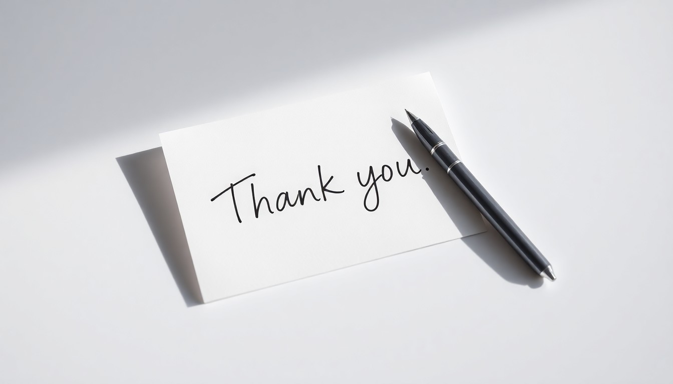 A close-up photograph of a simple, handwritten thank-you note on a plain white background, with a single pen placed next to it. The lighting is dramatic, with deep shadows and highlights that draw the viewer's attention to the note's simple elegance, conveying a sense of both appreciation and uncertainty.