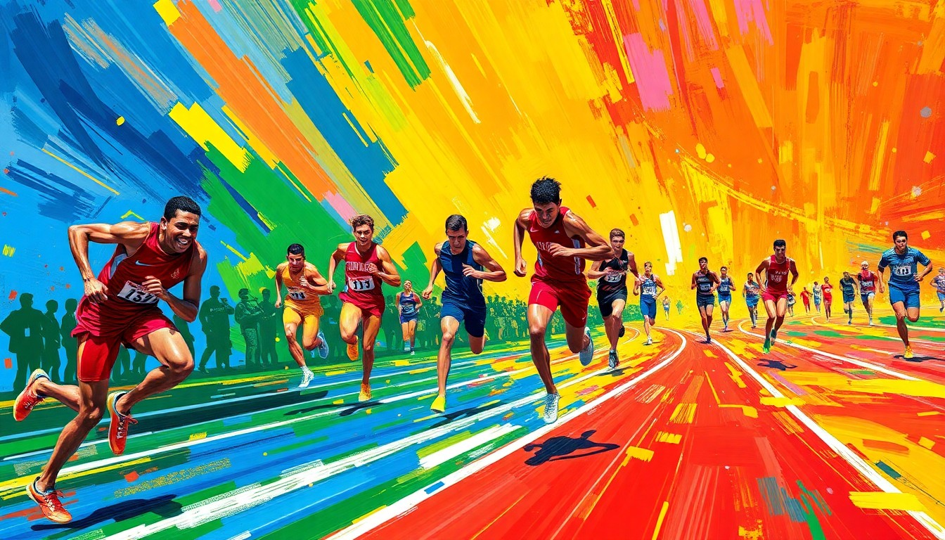 An abstract, textured painting in bright neon colors, capturing the dynamic energy and competitive spirit of a high school track and field event.